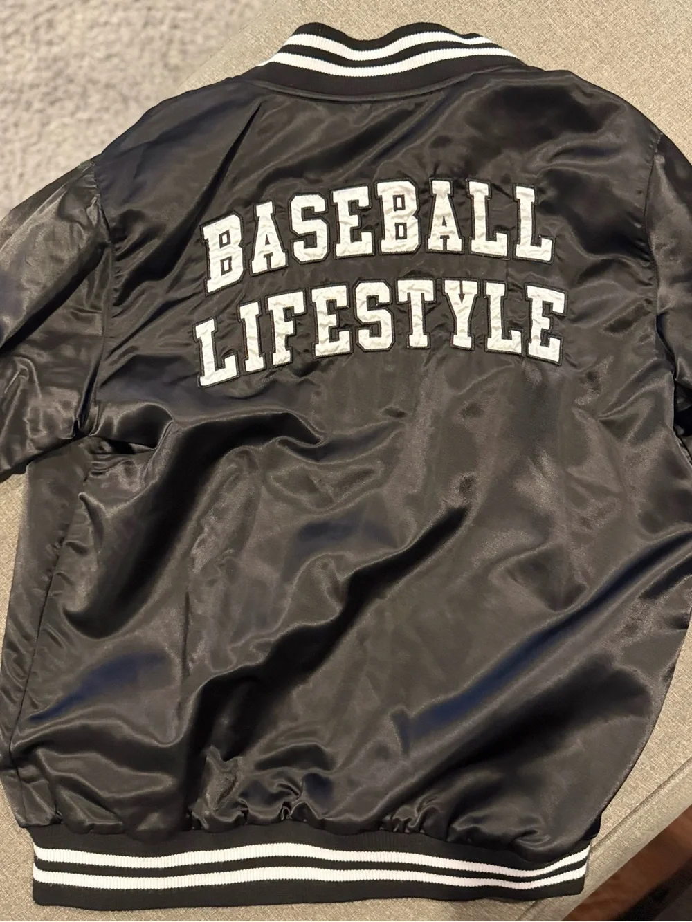 Black Satin Varsity Jacket with White Trim